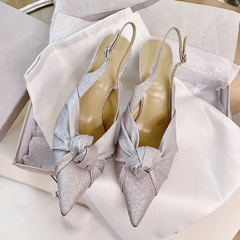 Pointed-Toe Hollowed Women's Ballet Pink Bow Stiletto Heels Sandals Women
