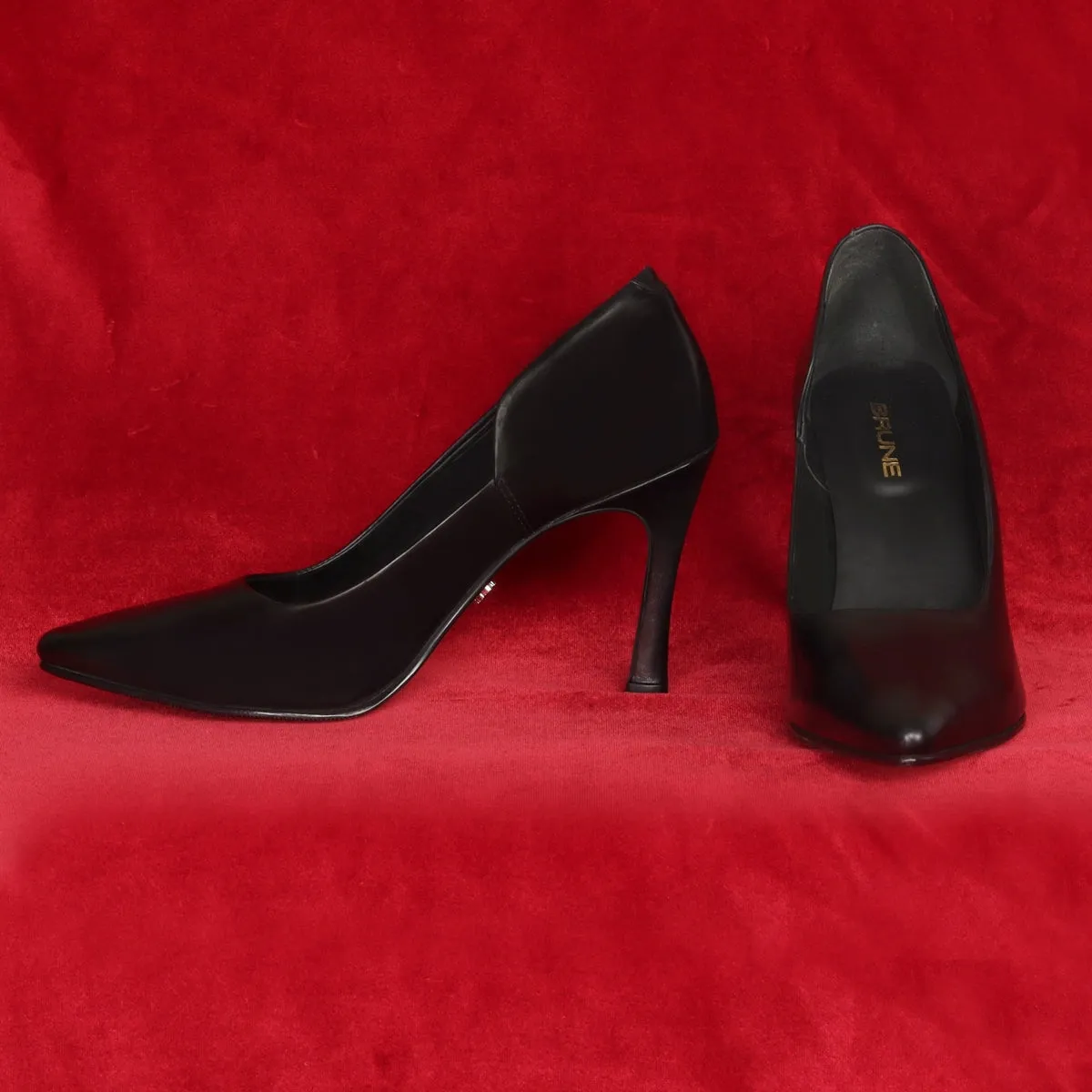 Pointed Toe Ladies formal Luxurious Black Sleek Stiletto Pencil Heel By Brune & Bareskin