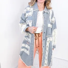Pol Enchanting Longline Striped Denim and Lace Jacket