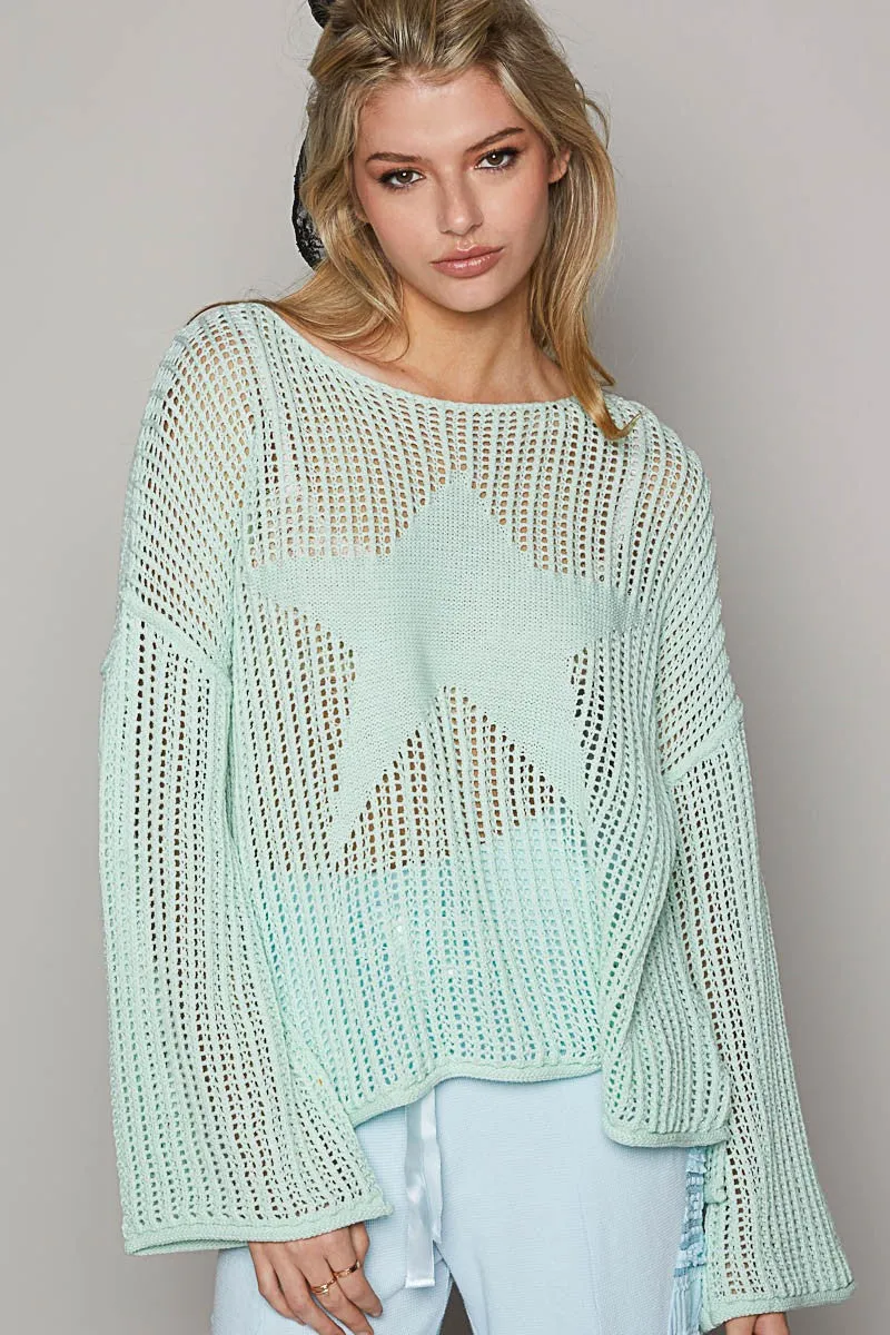 POL Open Knit Star Sweater in Light Mint FINAL SALE