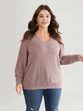 Polka Dot Textured V Neck Rib Knit Sweatshirt