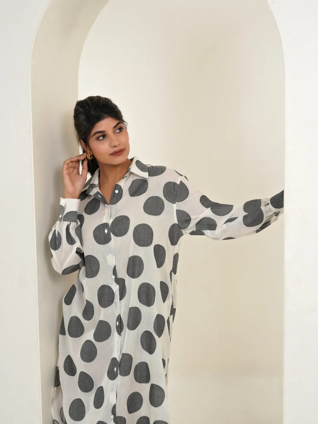 Polka Jamdani White & Black Cotton Maxi Shirt Dress