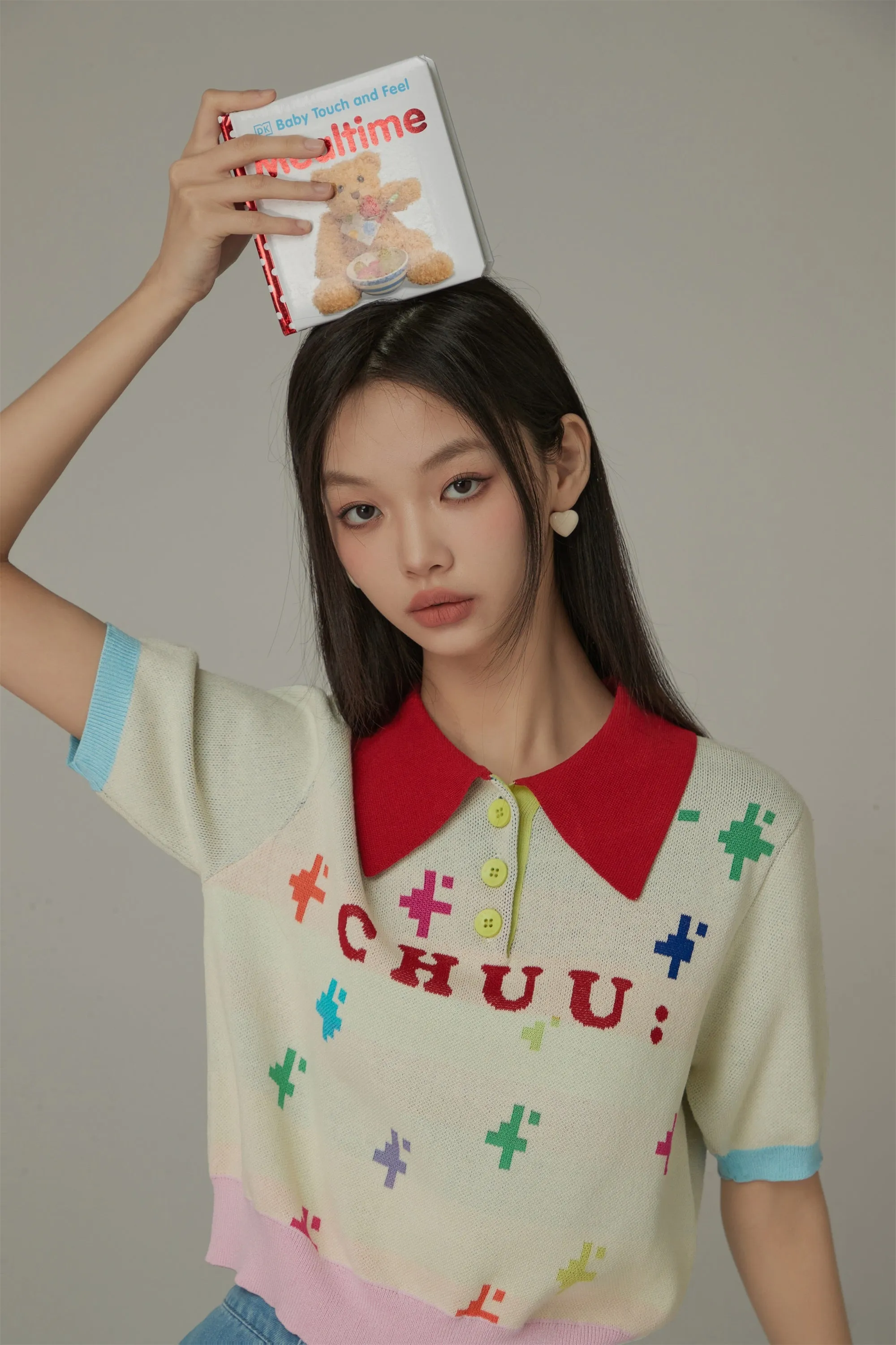 Polo Neck Color Blocked Multi-Color Pixel Block Pattern Knit Top