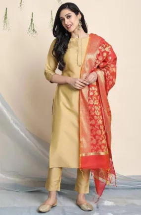 Poly Silk Golden Kurta Palazzo Suit Set with Red Dupatta