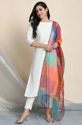 Poly Silk White Kurta Palazzo Set