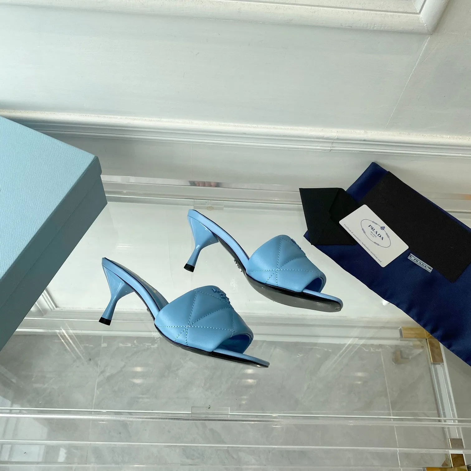Pra Heeled Sandal 65 Pointed Sole Quilted Sky Blue Leather