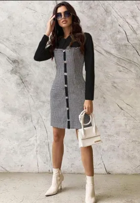 Print plaid stitching shirt dress