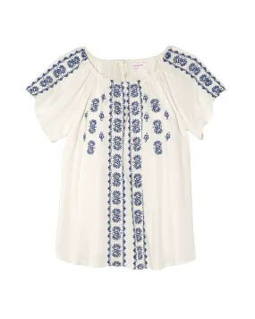 Priya Short Flutter Sleeve Woven Embroidered Blouse | White