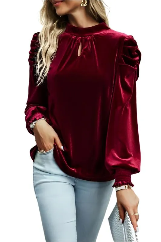 Puff Sleeve Key Hole Velvet Mock Smocked Blouse