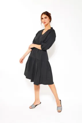 PUFF SLEEVE MIDI DRESS IN BLACK