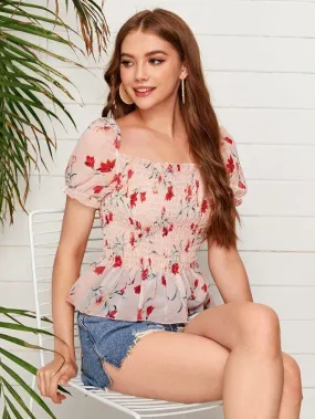 Puff Sleeve Shirred Floral Peplum Top