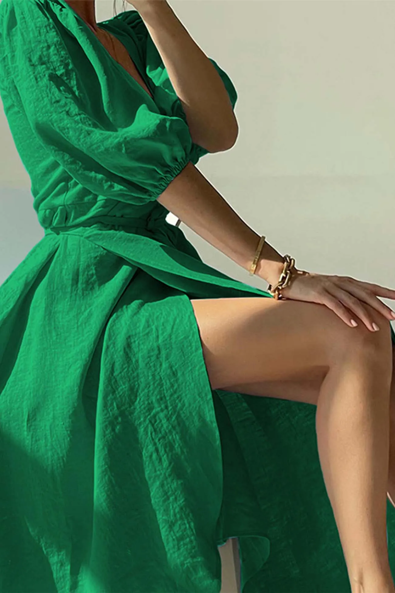 Puff Sleeve V Neck Slit Tie-Waist Dress
