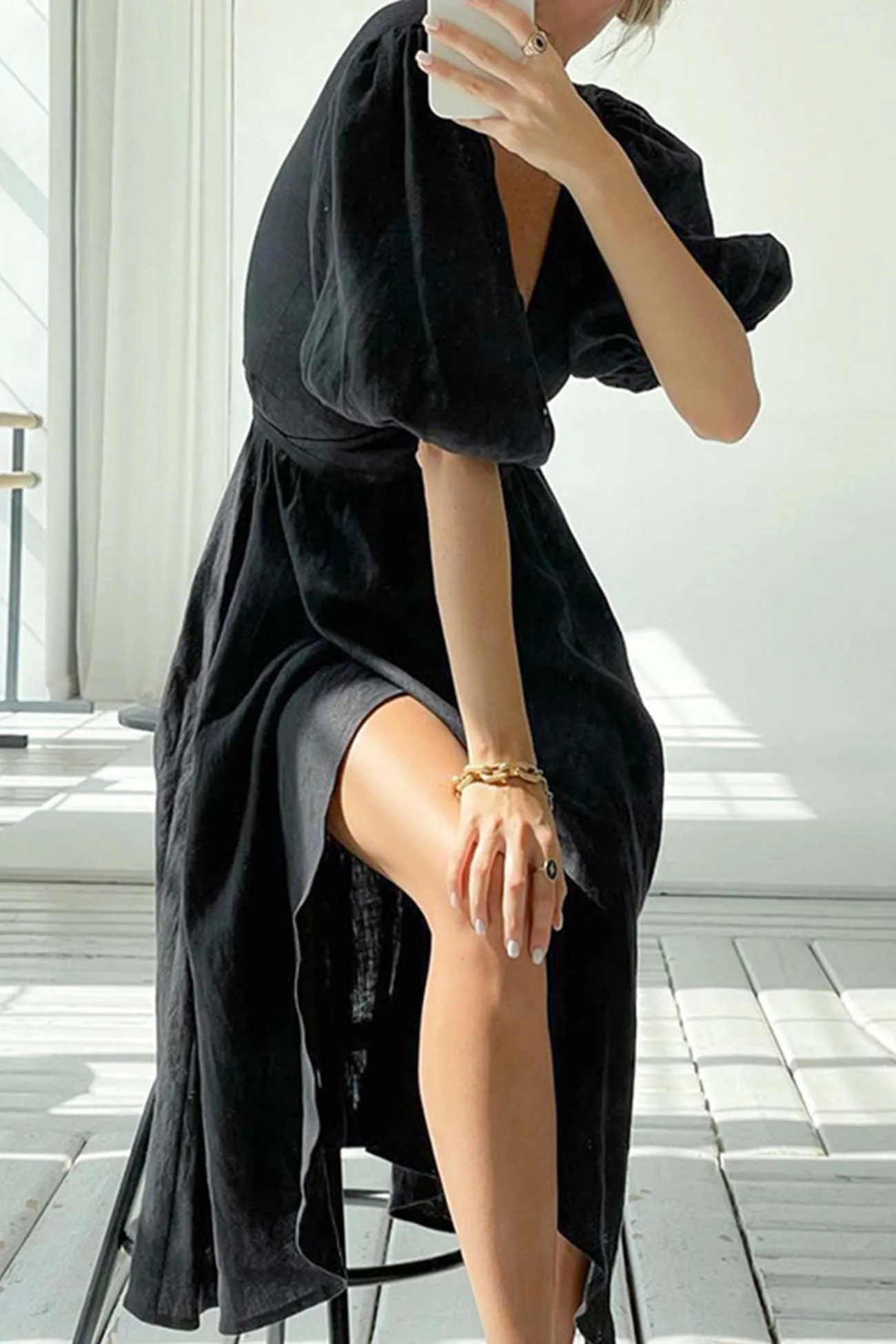 Puff Sleeve V Neck Slit Tie-Waist Dress