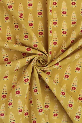 Pure Ajrakh Cotton Mustard Floral Hand Block Printed Fabric