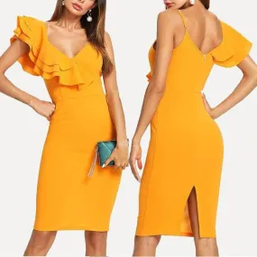 Pure Color Deep V Collar Ruffles Package Hip Bodycon Dress
