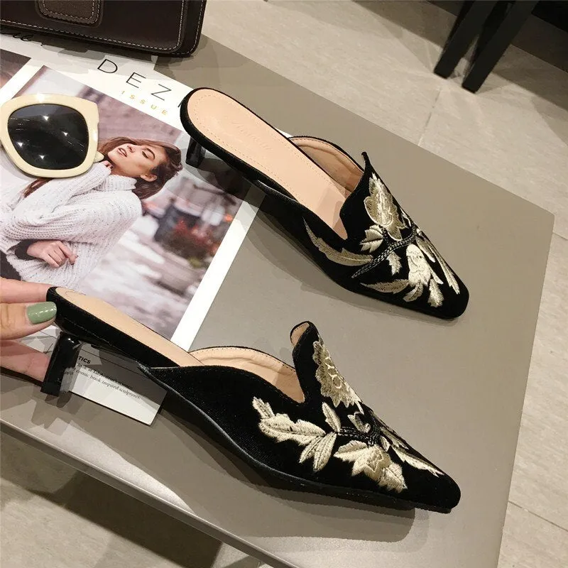 Purpdrank - Green Velvet High Heels Slippers Women Floral Embroidery Mules Shallow Pointed Toe Heeled Fashion Loafers Outsides Woman Slides
