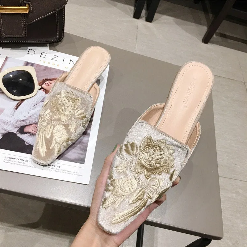 Purpdrank - Green Velvet High Heels Slippers Women Floral Embroidery Mules Shallow Pointed Toe Heeled Fashion Loafers Outsides Woman Slides