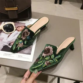 Purpdrank - Green Velvet High Heels Slippers Women Floral Embroidery Mules Shallow Pointed Toe Heeled Fashion Loafers Outsides Woman Slides