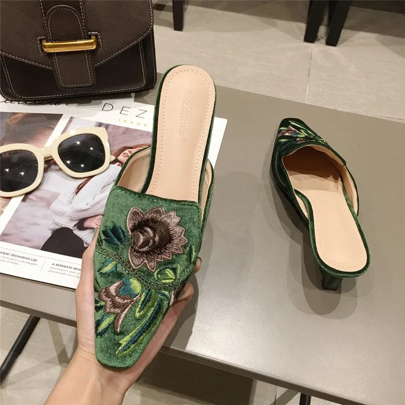 Purpdrank - Green Velvet High Heels Slippers Women Floral Embroidery Mules Shallow Pointed Toe Heeled Fashion Loafers Outsides Woman Slides