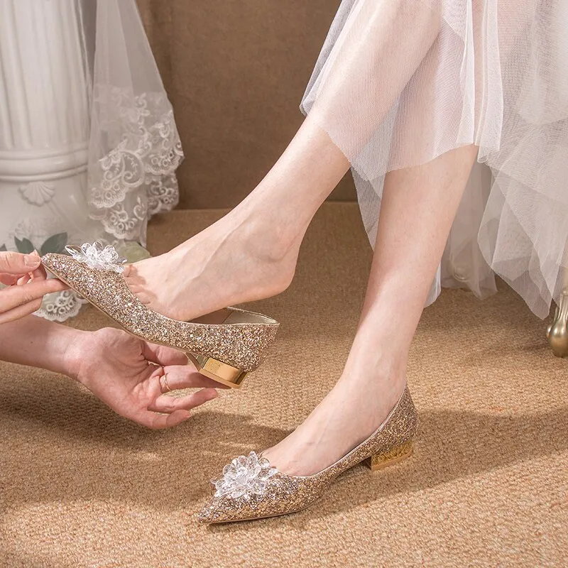 Purpdrank - New Bridal Wedding Shoes Sequined High Heels Pumps Women's Sliver Gold Rhinestone Crystal Shoes Women Crystal Dress Shoes
