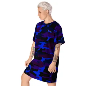 Purple Blue Camo T-shirt Dress, Army Military Print Women's Short Sleeves Dress-Made in USA/EU