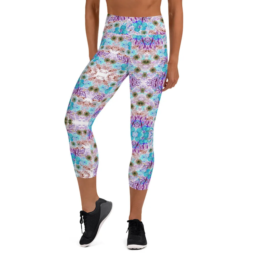 Purple Flower Yoga Capri Leggings, Blue Vintage Style Women's Capris Tights-Made in USA/EU/MX