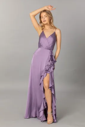Purple Satin V Neck Cascading Ruffle Maxi Dress