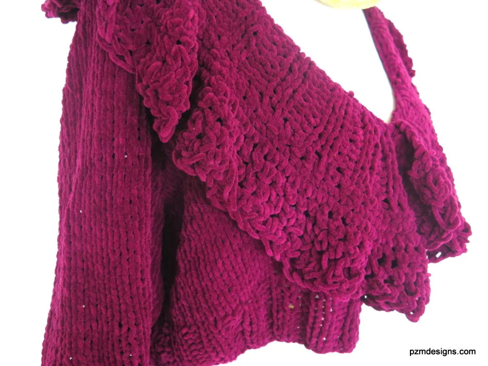 Purple Suede Cropped Cardigan, Maroon Hand Knit Short Sweater