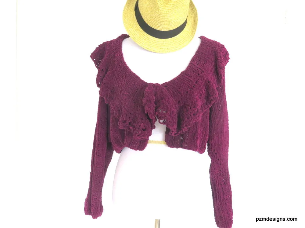Purple Suede Cropped Cardigan, Maroon Hand Knit Short Sweater