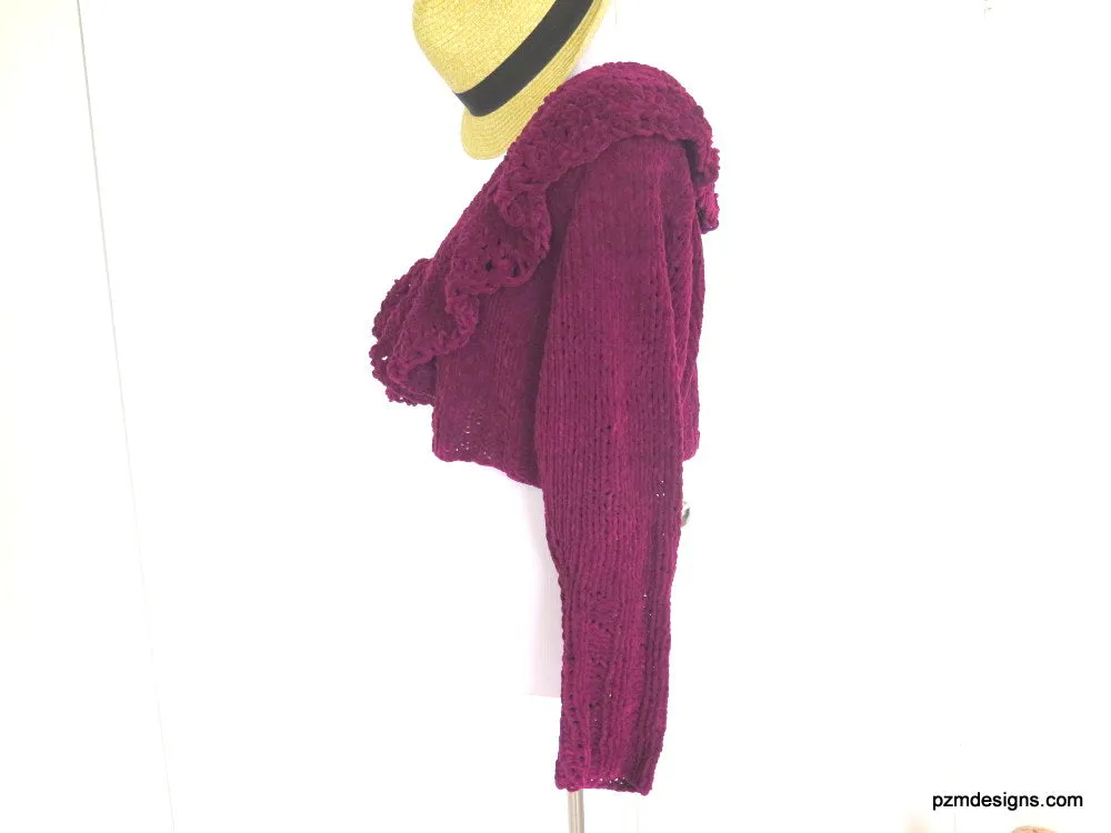 Purple Suede Cropped Cardigan, Maroon Hand Knit Short Sweater