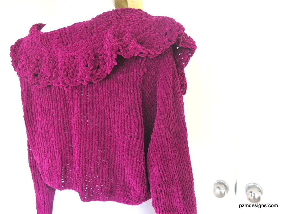 Purple Suede Cropped Cardigan, Maroon Hand Knit Short Sweater
