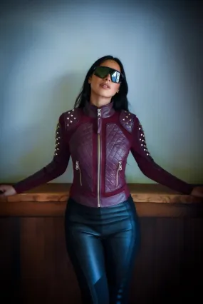 Pyramid Stud Mesh Moto Jacket Jls  Oxblood Red