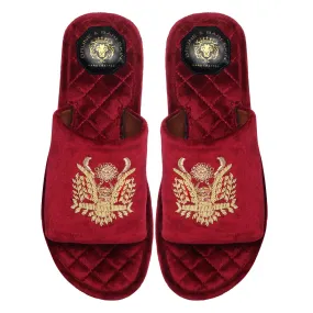 Quilted Base Slide-in Slippers with Crown Eagle Zardosi on Red Velvet