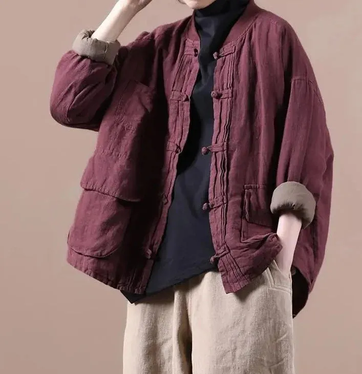 Quilted Ethnic Style Cotton And Linen Coat