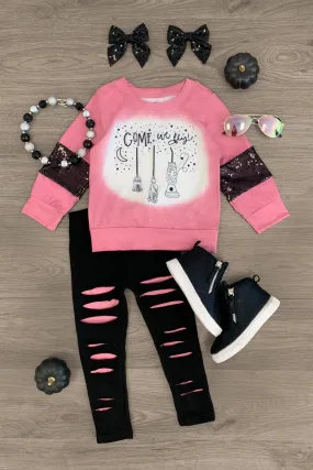 "Come We Fly" Pink Distressed Legging Set