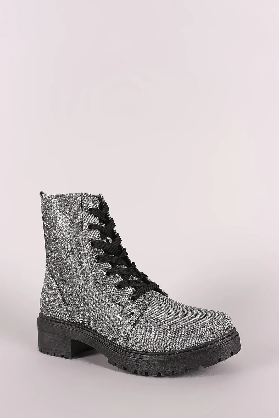 Qupid Glitter Combat Lace-Up Ankle Boots