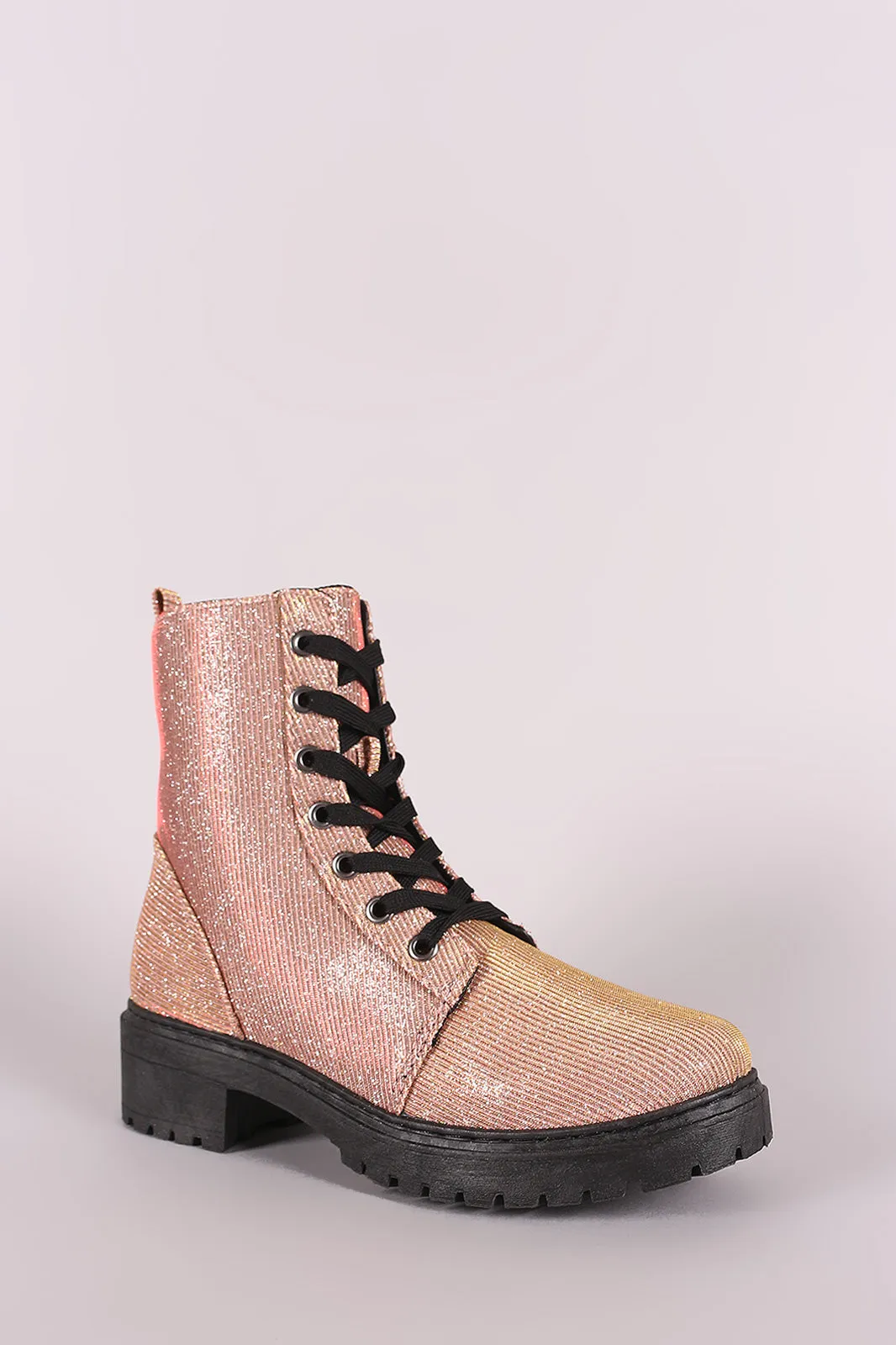 Qupid Glitter Combat Lace-Up Ankle Boots