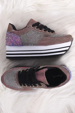 Qupid Glitter Fishnet Stripe Lace-Up Flatform Sneaker
