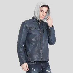 Rald Blue Removable Hooded Leather Jacket