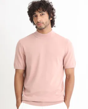 Rare Rabbit Men's Alfet Peach Half Sleeves High Neck Knitted T-Shirt
