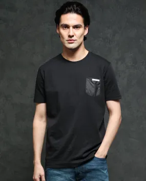 Rare Rabbit Men's Azul Black Solid Crew Neck With Contrast Nylon Pocket Half Sleeves T-Shirt