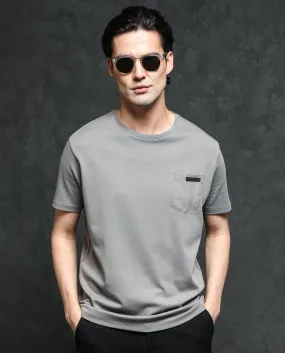 Rare Rabbit Men's Azul Grey Crew Neck With Contrast Nylon Pocket Half Sleeves T-Shirt