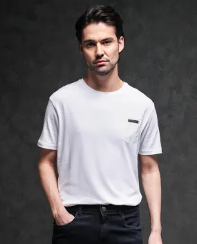 Rare Rabbit Men's Azul White Crew Neck With Contrast Nylon Pocket Half Sleeves T-Shirt