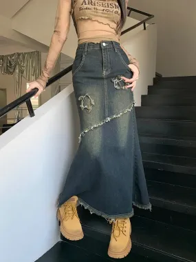 Raw Trim Mermaid Hem Washed Jean Long Skirt