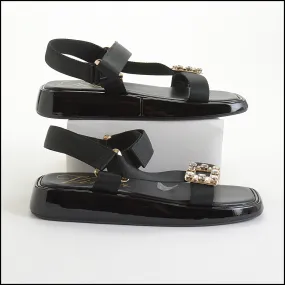 RDC14289 ROGER VIVIER Black Patent & Buckle Slides Trekky Sandals Size 7.5