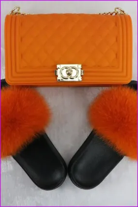 Ready Stock Orange Fur Slides & Bag Set F735