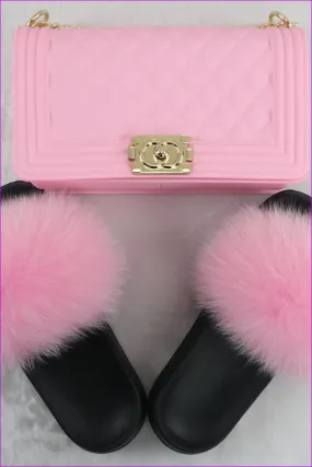 Ready Stock Pink Fur Slides & Bag Set F735