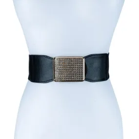 Rectangle Rhinestoned Smocked Leather Belt