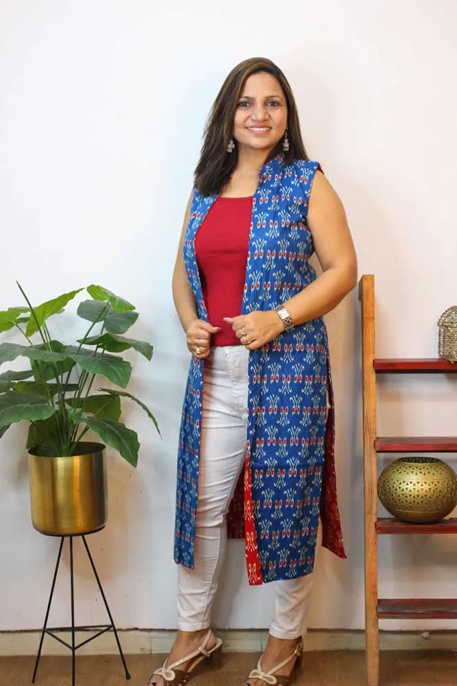 Red And Blue Ikat Pure Cotton Reversible Long Jacket