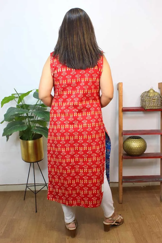 Red And Blue Ikat Pure Cotton Reversible Long Jacket